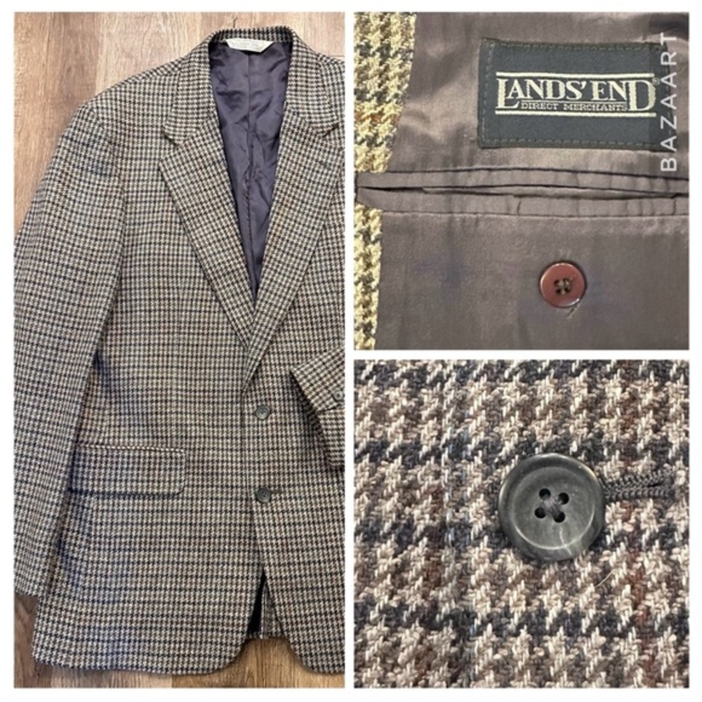 Lands End Vintage Tweed Houndstooth Blazer Wool Silk Blend Jacket Men's Sz 42L ￼